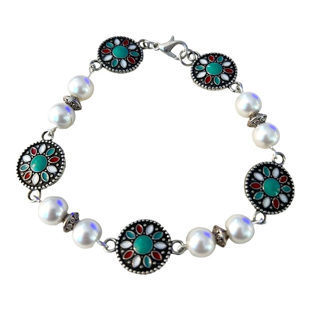 Handmade Silver tone Boho bracelet with medallions and pearls